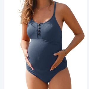 NWT Summer Mae Blue Maternity Swimsuit One Piece Ribbed, Button Front Design